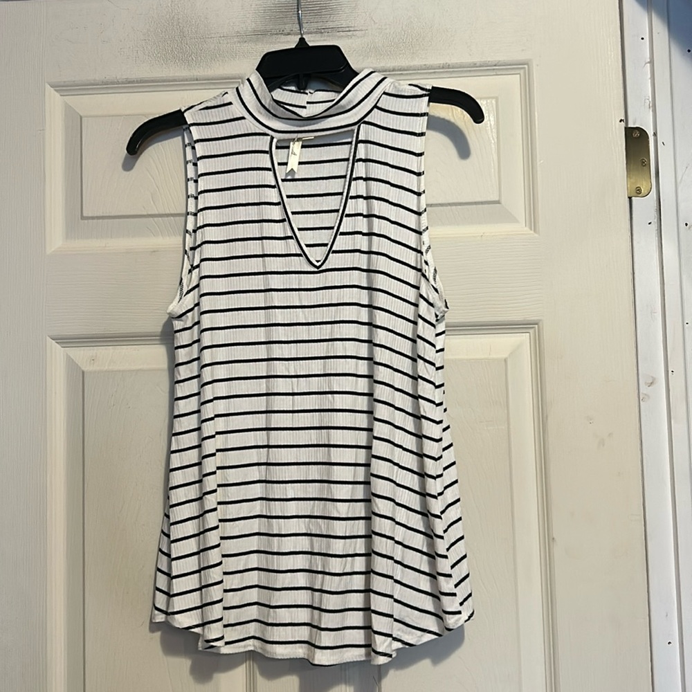 Chenault Ivory and Black Stripes Top with Cut out  Petite Large